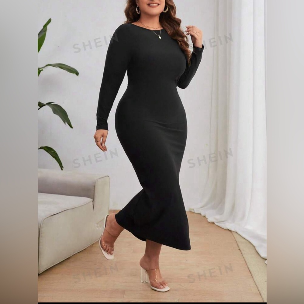 SHEIN Privé Plus Solid Round Neck Fitted
Dress